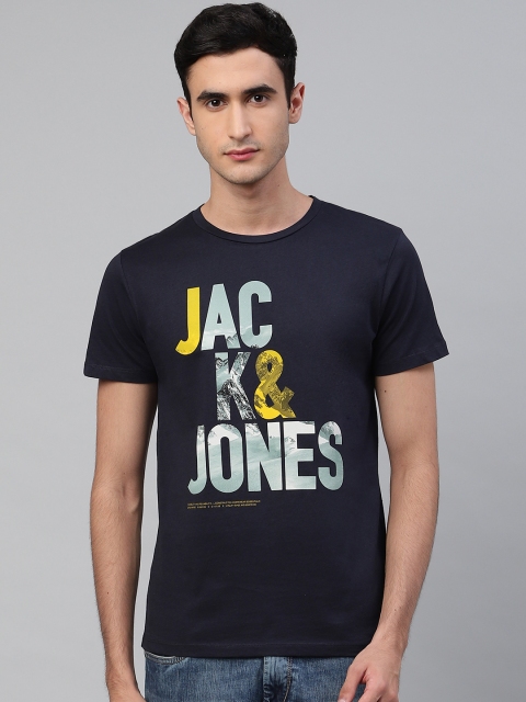 

Jack & Jones Men Navy Blue Brand Logo Printed Round Neck T-shirt