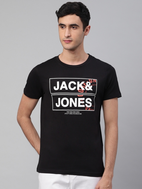 

Jack & Jones Men Black Brand Logo Print Round Neck T-shirt