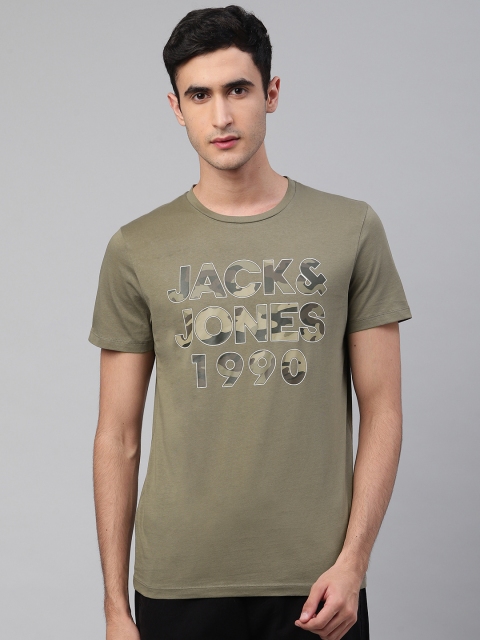 

Jack & Jones Men Olive Green Brand Logo Print Round Neck T-shirt