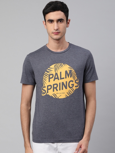 

Jack & Jones Men Blue & Mustard Yellow Printed Round Neck T-shirt