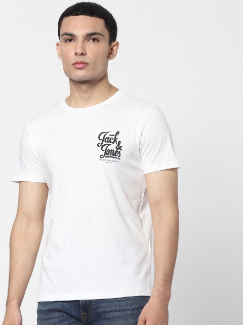 

Jack & Jones Men White Solid Round Neck T-shirt with Printed Detail