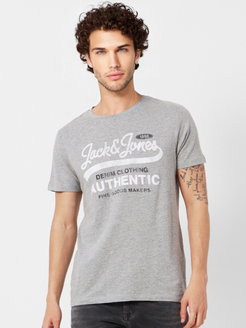 

Jack & Jones Men Grey Melange & White Brand Logo Print Round Neck T-shirt