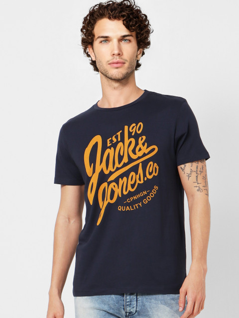 

Jack Jones Men Navy Blue Mustard Yellow Brand Logo Print Round Neck Pure Cotton T-shirt