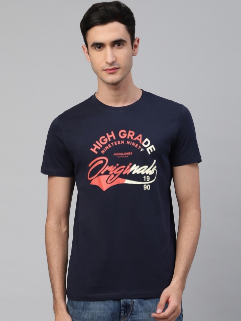 

Jack Jones Men Navy Blue Red Typography Print Round Neck Pure Cotton T-shirt