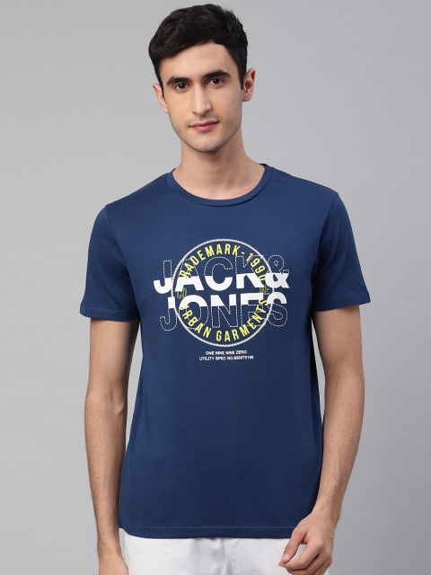 

Jack Jones Men Navy Blue White Typography Graphic Print Round Neck Pure Cotton T-shirt