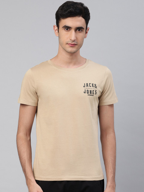 

Jack & Jones Men Beige Solid Round Neck T-shirt with Brad Logo Print Detail