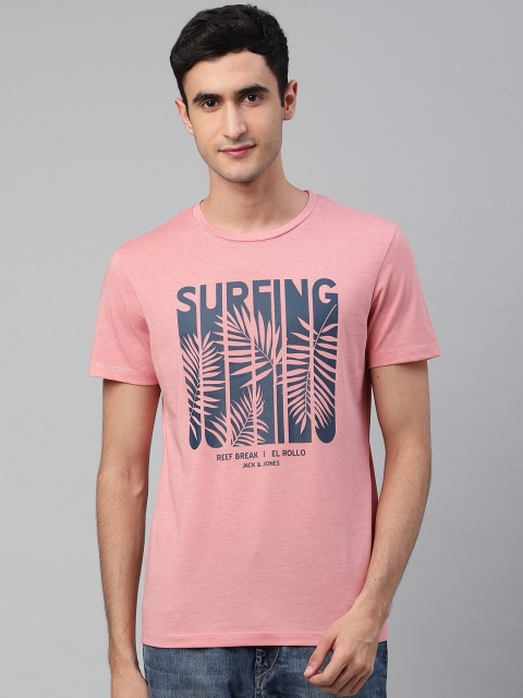 

Jack & Jones Men Pink & Navy Blue Typography & Tropical Print Round Neck T-shirt