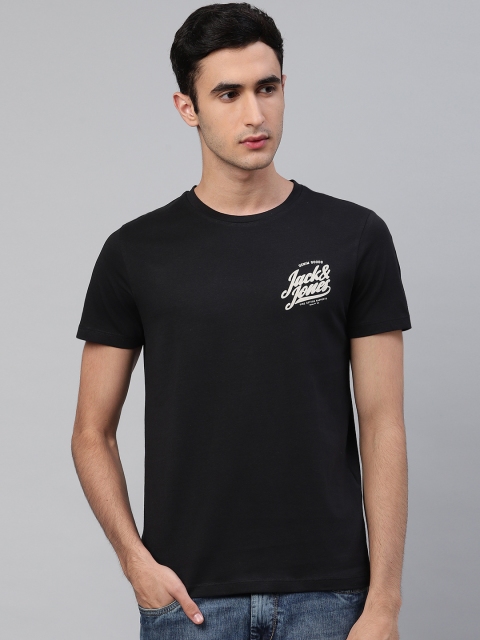 

Jack & Jones Men Black Solid Round Neck T-shirt with Brand Logo Print Detail