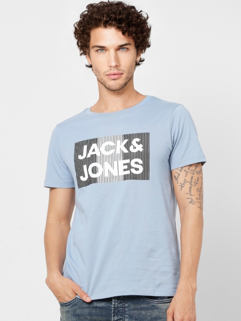 

Jack Jones Men Blue White Brand Logo Print Round Neck Pure Cotton T-shirt