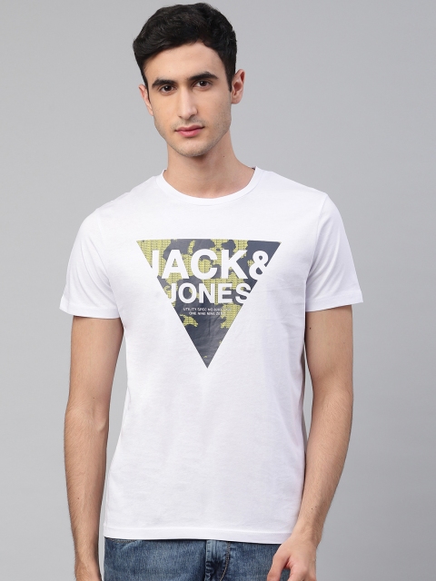 

Jack Jones Men White Navy Blue Brand Logo Print Round Neck Pure Cotton T-shirt