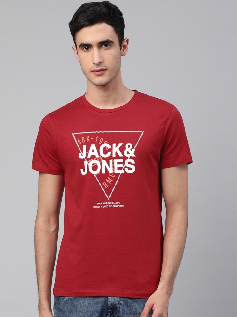 

Jack Jones Men Red White Brand Logo Print Round Neck Pure Cotton T-shirt