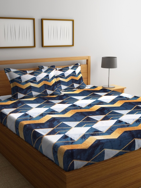 

DREAM WEAVERZ Navy & Grey Geometric 200 TC Cotton 1 Queen Bedsheet with 2 Pillow Covers, Navy blue