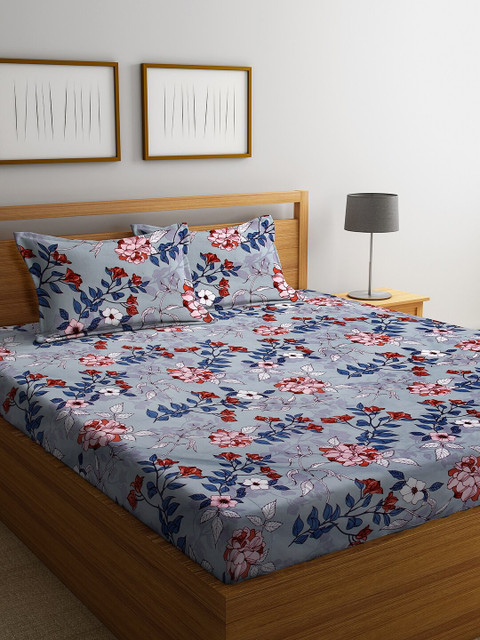

DREAM WEAVERZ Grey & Peach-Coloured Floral 200 TC Cotton 1 Queen Bedsheet with 2 Pillow Covers