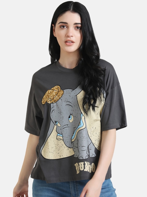 

Kazo Women Grey Disney Dumbo Printed Round Neck Pure Cotton T-shirt