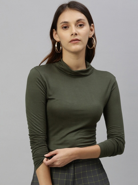 

RAREISM Women Olive Green Solid Fitted Top
