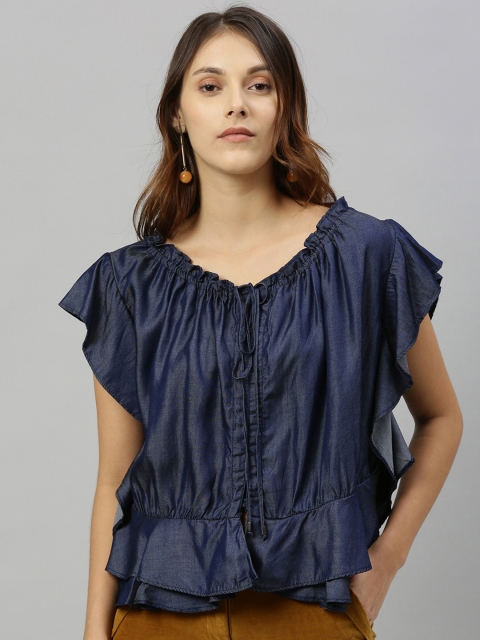 

RAREISM Women Navy Blue Solid Top