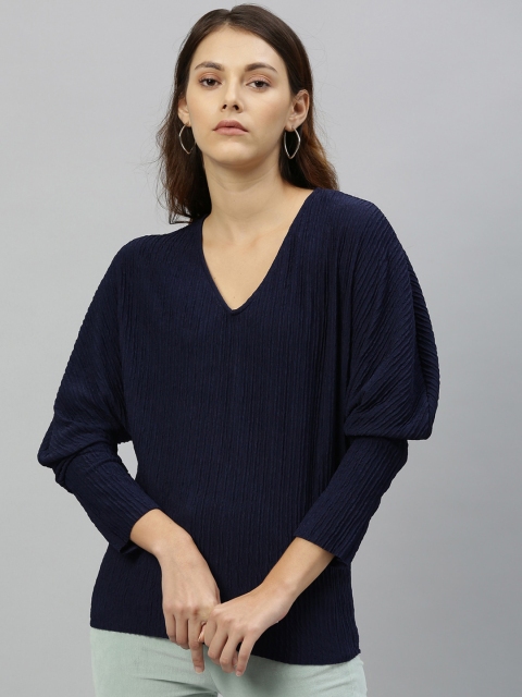 

RAREISM Women Navy Blue Solid Bishop Sleeves Top