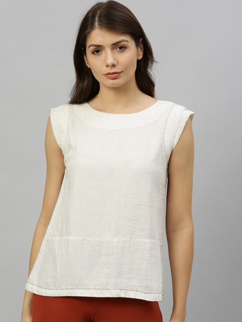 

RAREISM Women Off-White & Navy Blue Colourblocked Top