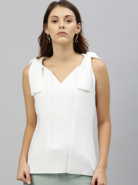 

RAREISM Women White Self Design Fitted Top