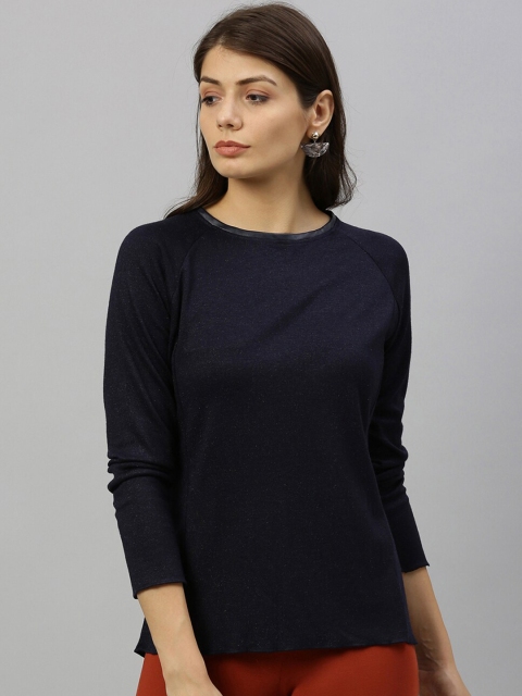 

RAREISM Women Navy Blue Solid Pure Cotton Top
