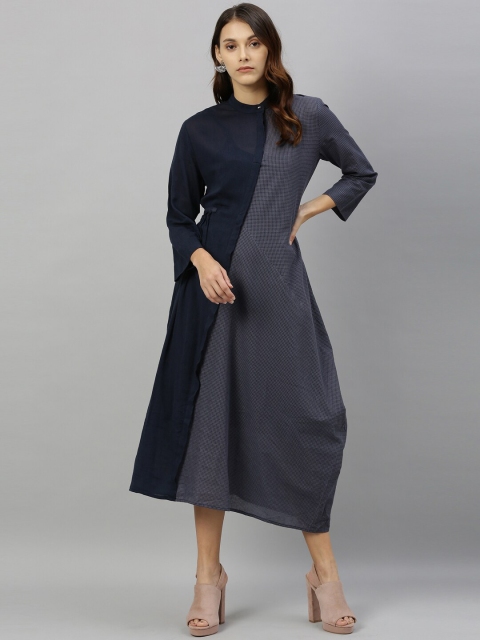 

RAREISM Women Navy Blue & Grey Colourblocked A-Line Dress