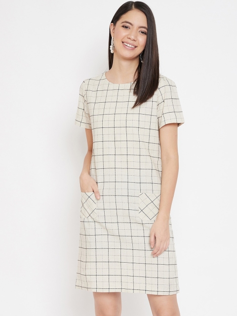 

Color Cocktail Women Off-White & Black Checked A-Line Dress