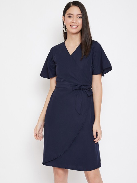 

Color Cocktail Women Navy Blue Solid Wrap Dress