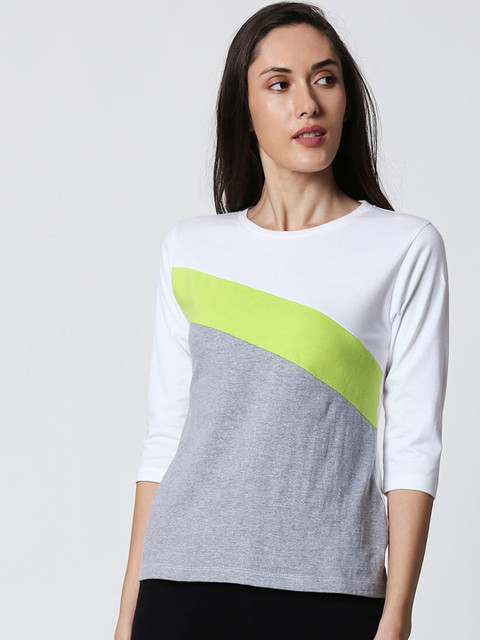 

Bewakoof Women Grey & Green Colourblocked Round Neck T-shirt