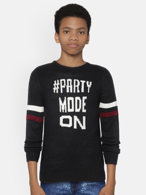 OVS Boys Black & White Typography Self Design Acrylic Pullover