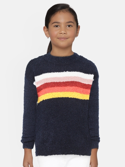 

OVS Girls Navy Blue & Orange Striped Fuzzy Pullover