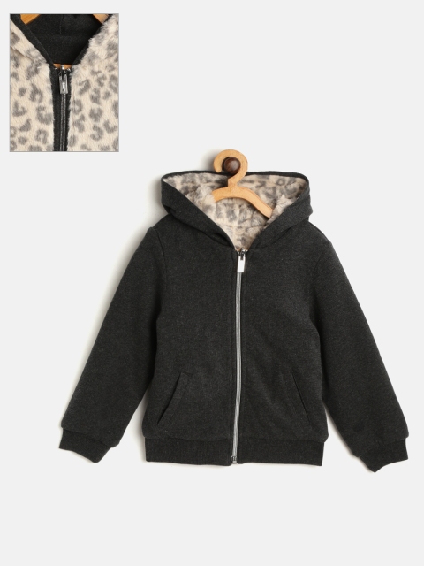 

OVS GIrls Charcoal Grey & Beige Solid Hooded Reversible Sweatshirt