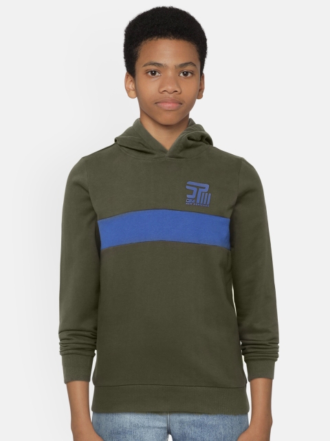 

OVS Boys Navy Olive Green & Blue Solid Hooded Sweatshirt with Colourblocked Detail