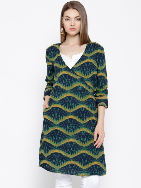 

Vero Moda Navy & Green Printed Wrap Tunic, Navy blue