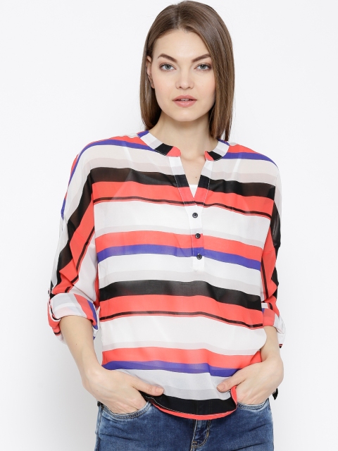 

Vero Moda White & Coral Orange Polyester Striped Top