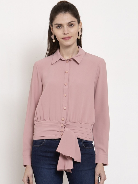 

Global Republic Women Dusty Pink Regular Fit Smocked Solid Tie-Up Casual Shirt