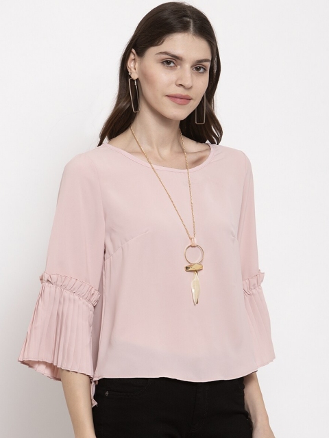 

Global Republic Women Pink Solid Back Slit Accordion Pleats Bell Sleeves Top