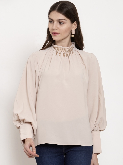 

Global Republic Women Beige Solid Sequinned detail Puff Sleeves Top