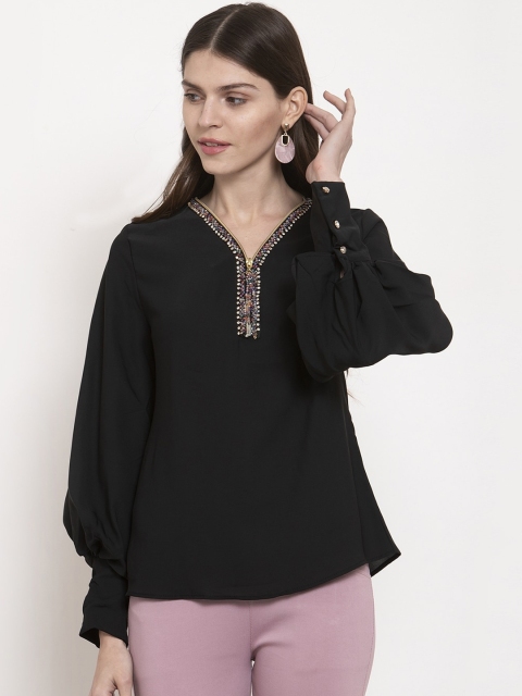 

Global Republic Women Black Solid Stone Detail Puff Sleeves Top