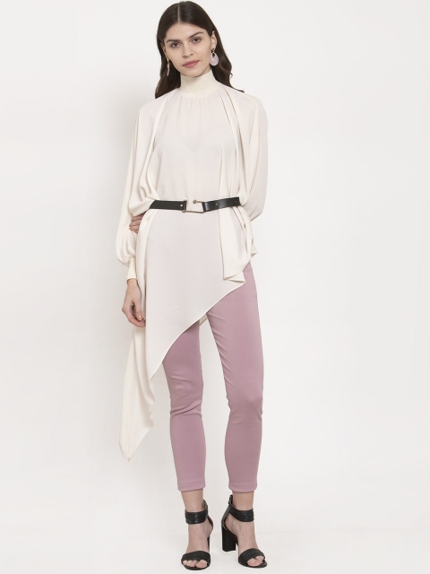 

Global Republic Women Cream-Coloured Solid Asymmetric Longline A-Line Top With Belt