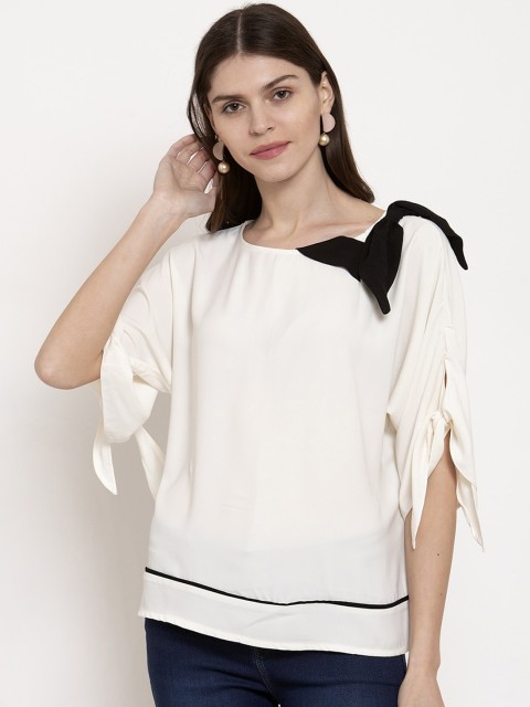 

Global Republic Women Off-White Solid Bow Detail Ruched Sleeves Top