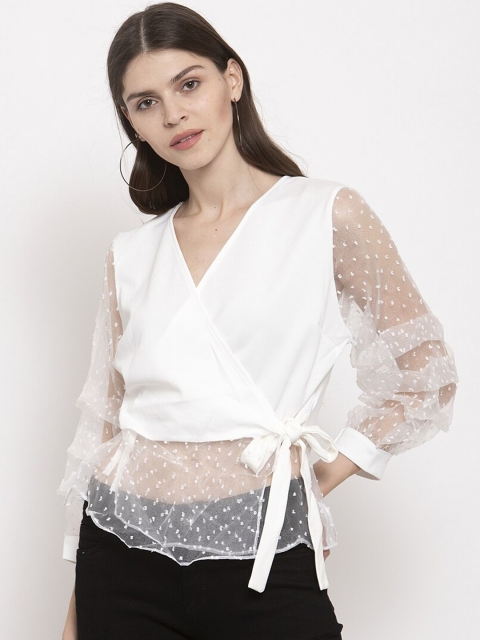 

Global Republic Women White Solid Semi Sheer Wrap Top