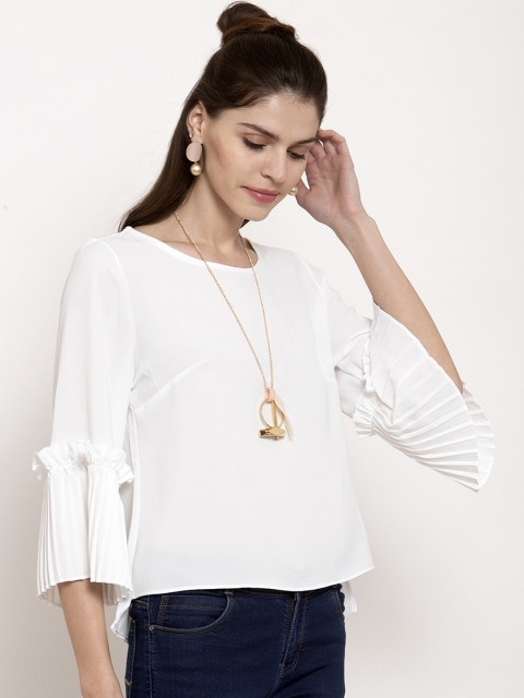 

Global Republic Women White Solid High-Low Top With Accordion Pleated Sleeves