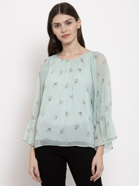 

Global Republic Women Sea Green & Black Floral Printed Semi-Sheer Top