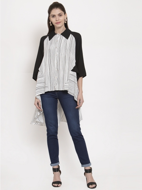 

Global Republic Women White & Black Regular Fit Striped High-Low Casual Shirt