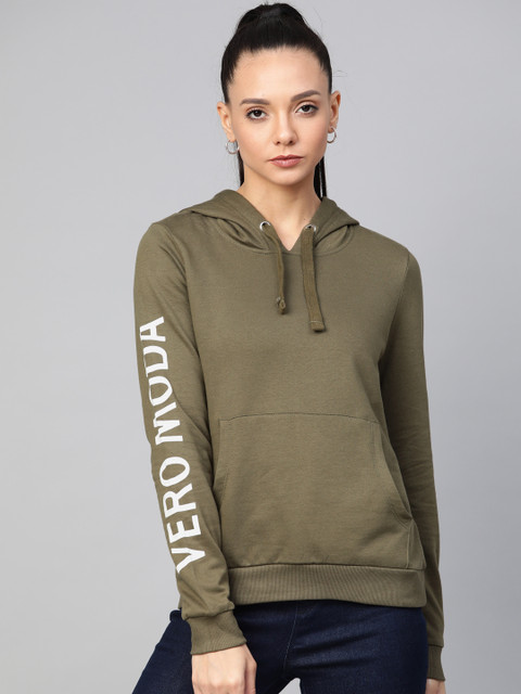 

Vero Moda Women Olive Green Brand Logo Print Detail Pure Cotton Hooded Sweatshirt