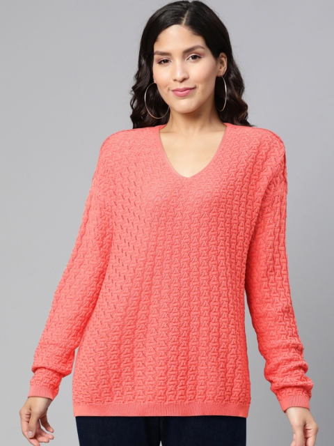 

Vero Moda Women Coral Pink Open Knit Pullover Sweater
