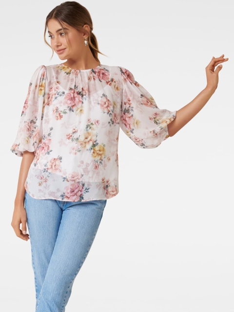 

Forever New Women White & Pink Semi Sheer Floral Printed Top