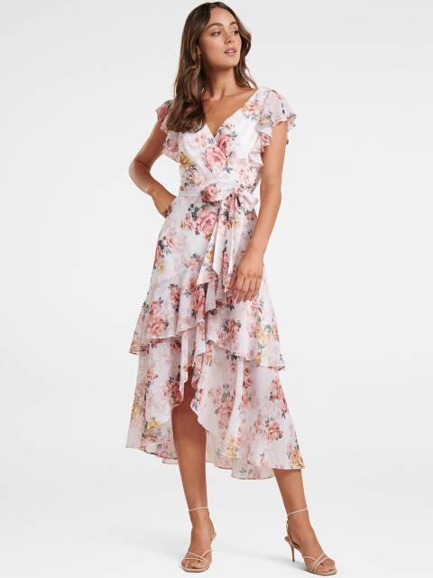 

Forever New Women White & Pink Floral Printed Wrap Dress