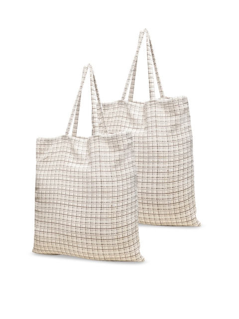 

KLOTTHE Set of 2 Off-White & Brown Checked Tote Bag