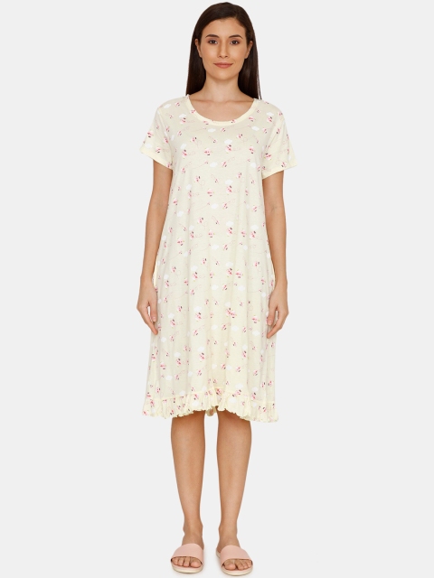 

Zivame Beige & Pink Quirky Print Pure Cotton Nightdress